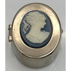 Metal Blue White Cameo Pill Box w/ Double Tray Inside VGC Vintage